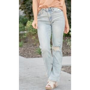 Judy Blue Straight Fit Jeans Women's 7/28 Destroyed High Waisted Side Slit Hem